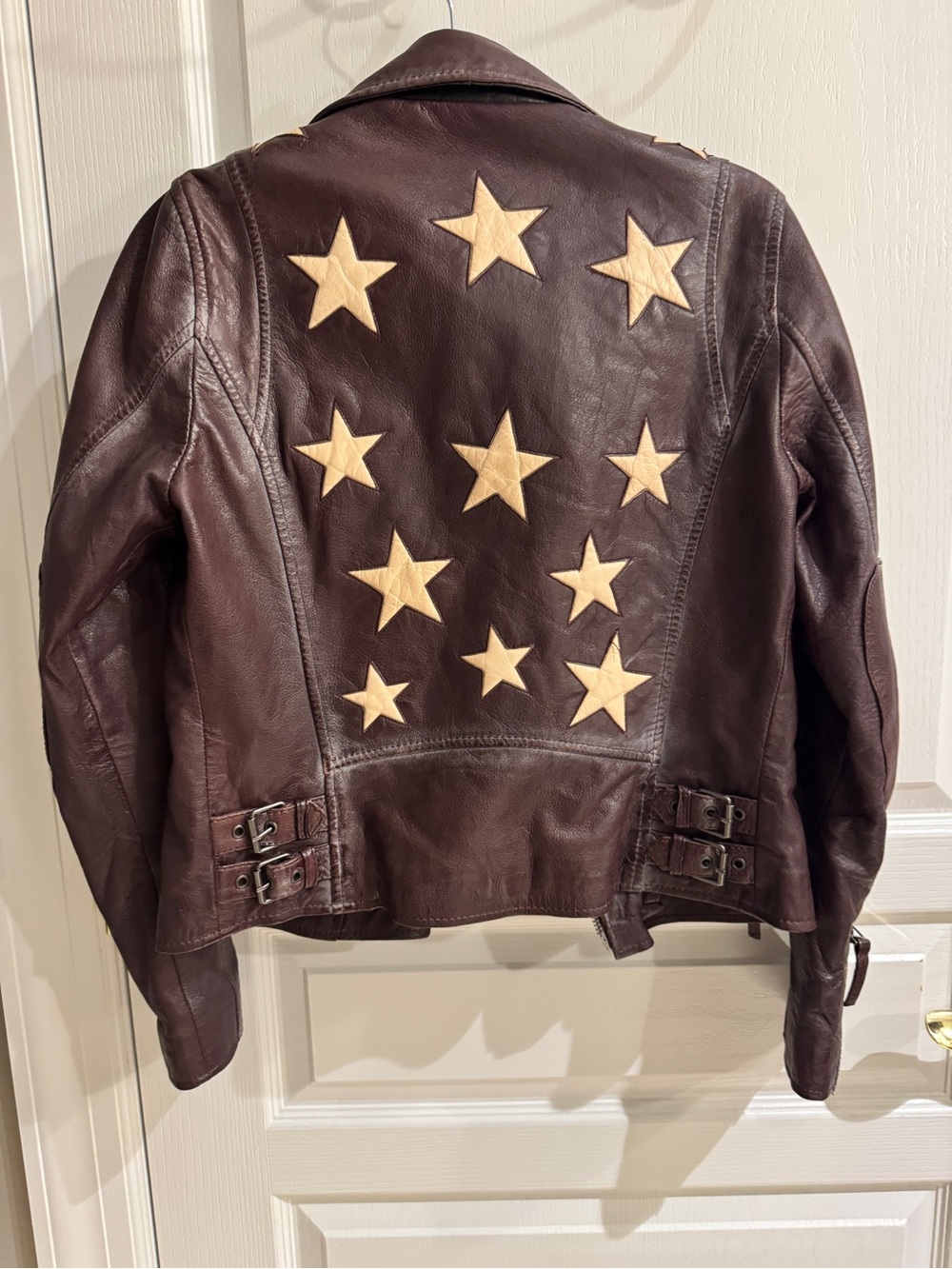 Burgundy Leather Moto Jacket with Stars